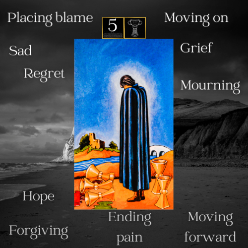 5 of cups tarot meaning, tarot 5 of cups meaning, 5 of cups meaning, meaning of the 5 of cups tarot card, 5 of cups flashcard, 5 of cups tarot flashcard, tarot cheat sheet